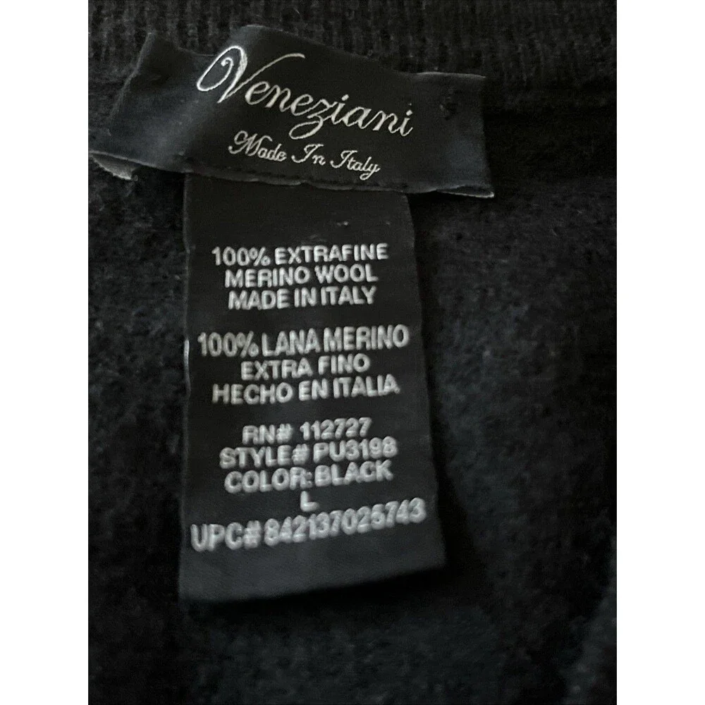 Vintage Veneziani Men’s V-neck Black Pullover Sweater Size L Marino Wool